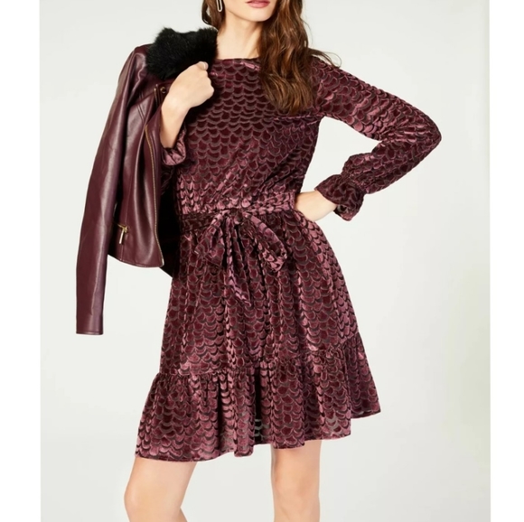 Michael Kors Purple Velvet Scalloped Belted Dress - Picture 2 of 8